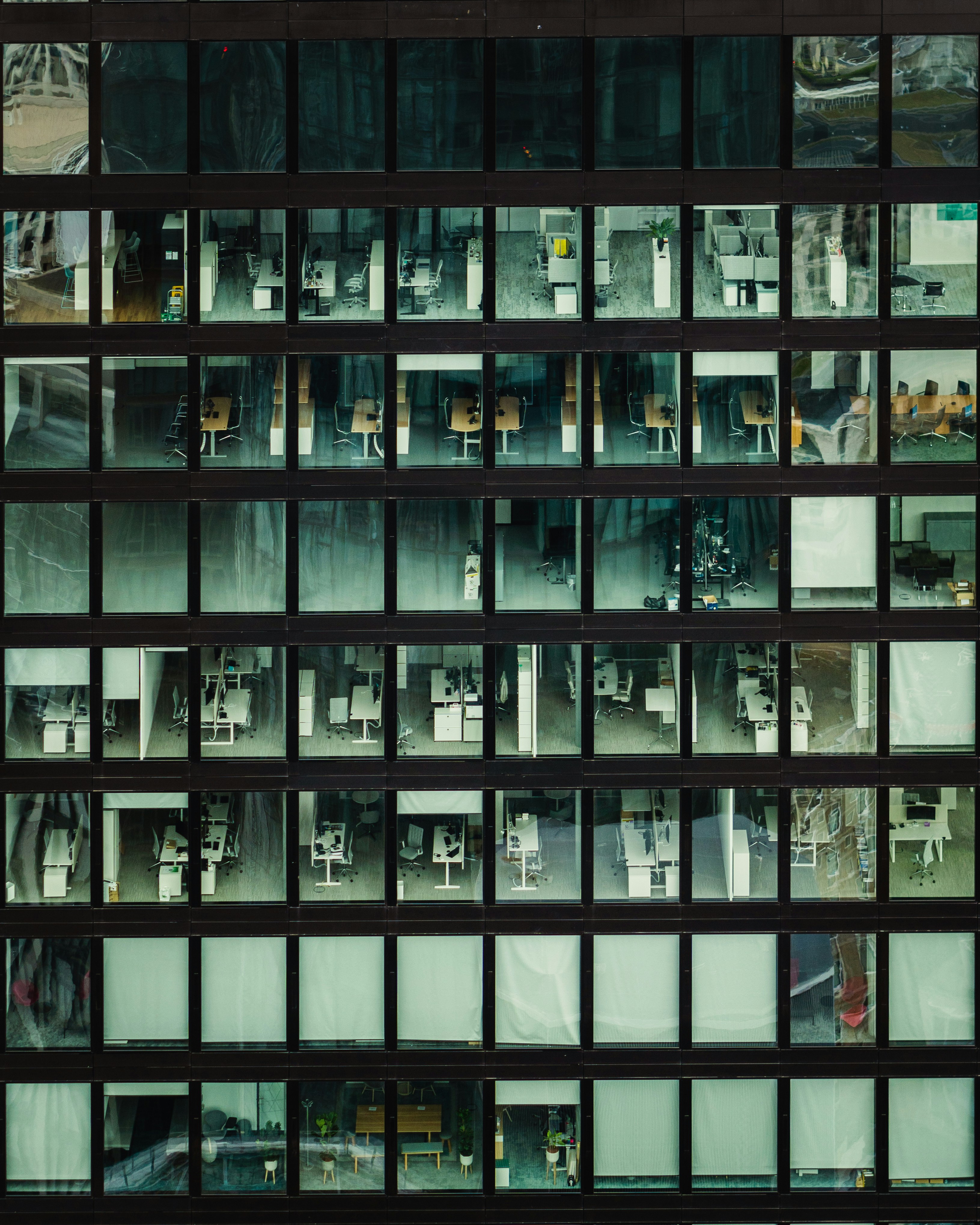 Office building facade at dusk